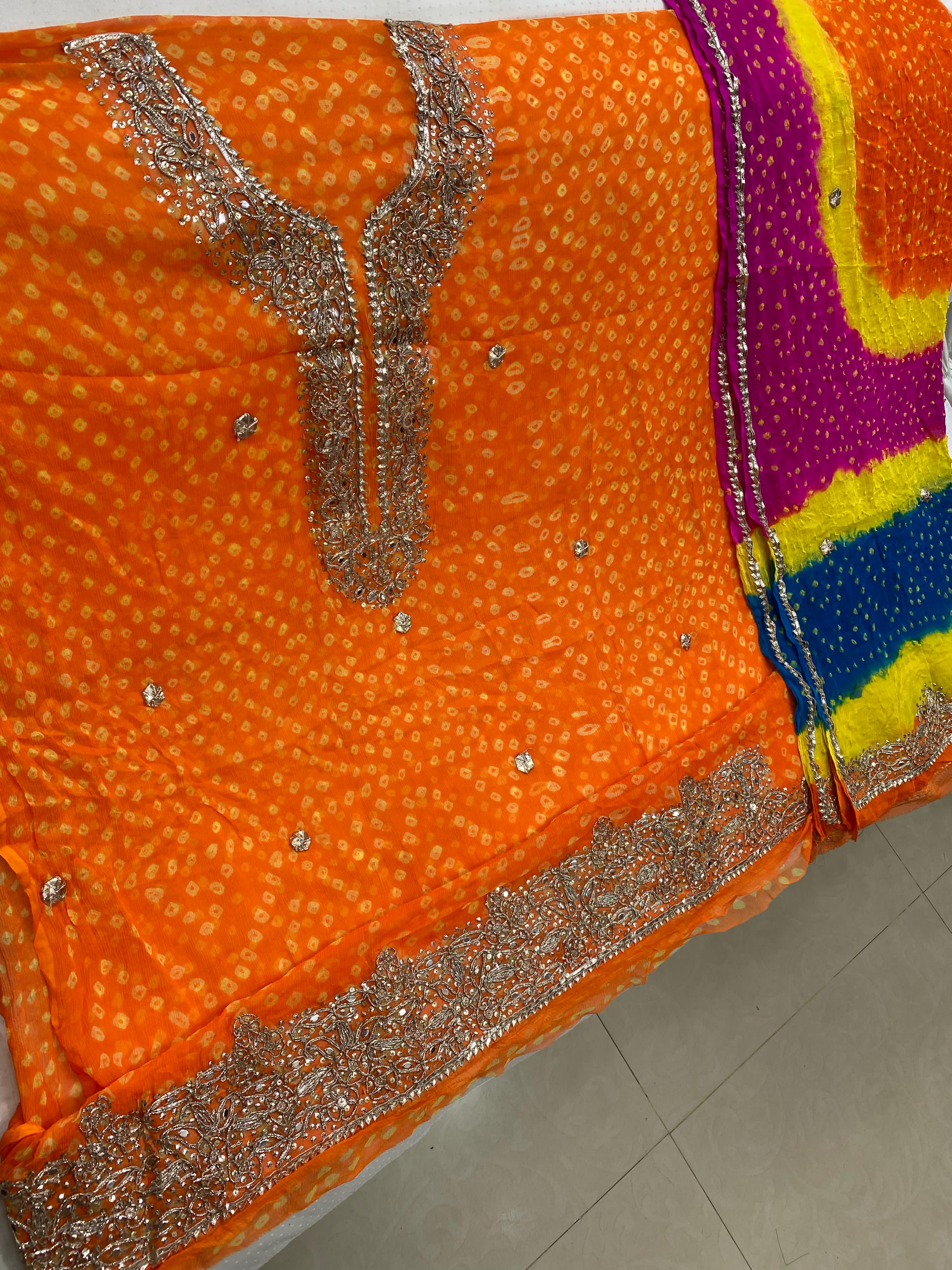 Sunset Charm – Orange Chunri Mukesh Chiffon Set